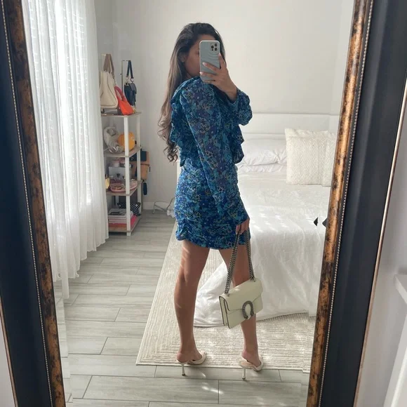 ZARA Blue & Black Floral Long Sleeve Dress - Picture 3 of 4